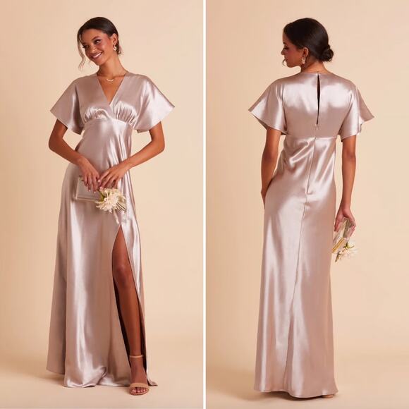 NWT BIRDY GREY Satin Champaign Bridesmaid Jesse Kimono Taupe Dress Formal Gown - Picture 1 of 13